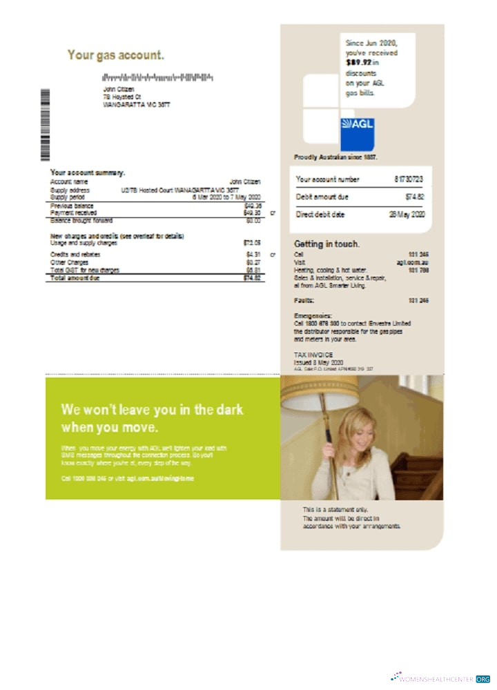 download download Australia AGL gas utility bill template in Word and PDF format PDF template PDF template